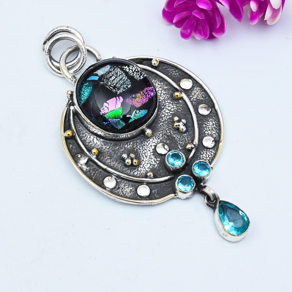 Unique Handmade American Dichroic Glass & Blue Topaz Gemstone Pendant